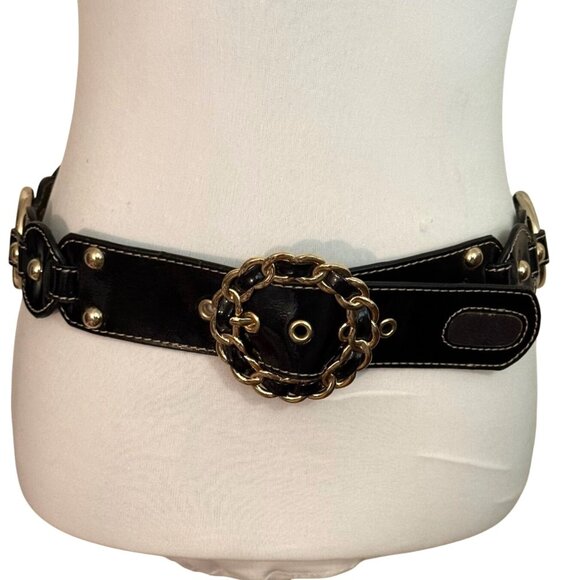 Edgy Link Ring Statement Belt Size M Black Leather Studded Circle Y2k Biker Chic - Picture 1 of 16